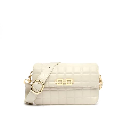 MISAKO Dahlia gepolsterte Umhängetasche mit Klappverschluss und Metalldetails - Damen Umhängetasche modisch - Elegante Schultertasche für jeden Anlass Dahlia Beige 14 X 24 X 7 cm von MISAKO