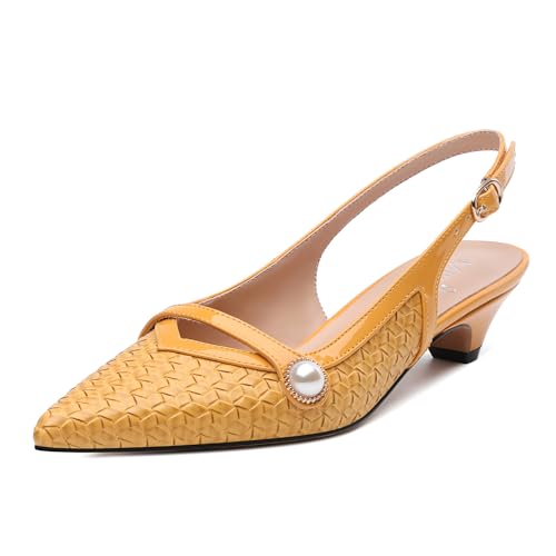 MISEZOXI Damen-Pumps mit Absatz, spitzer Zehenbereich, niedriger, dicker Kätzchen-Absatz, Slingback-Schuhe für Damen, geprägte gewebte Schuhe mit Perlenverzierung, 3 cm, Gelb - Yellow Patent, 39 EU von MISEZOXI