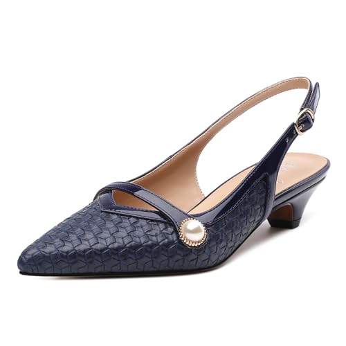 MISEZOXI Damen-Pumps mit Absatz, spitzer Zehenbereich, niedriger, dicker Kätzchen-Absatz, Slingback-Schuhe für Damen, geprägte gewebte Schuhe mit Perlenverzierung, 3 cm, Marineblau, 42 EU von MISEZOXI