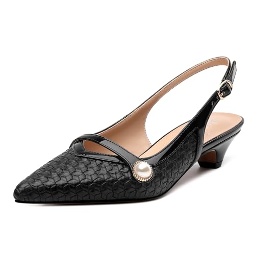 MISEZOXI Damen-Pumps mit Absatz, spitzer Zehenbereich, niedriger, dicker Kätzchen-Absatz, Slingback-Schuhe für Damen, geprägte gewebte Schuhe mit Perlenverzierung, 3 cm, Schwarz Lack, 38.5 EU von MISEZOXI