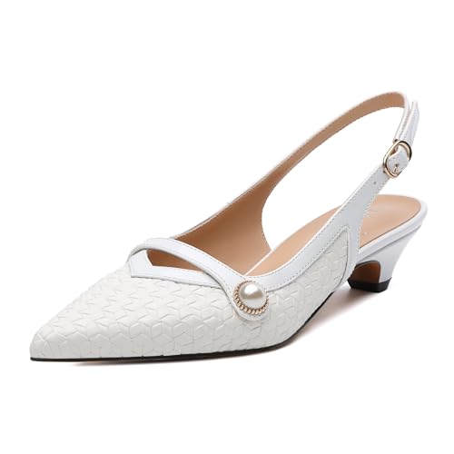 MISEZOXI Damen-Pumps mit Absatz, spitzer Zehenbereich, niedriger, dicker Kätzchen-Absatz, Slingback-Schuhe für Damen, geprägte gewebte Schuhe mit Perlenverzierung, 3 cm, weiße Lacklederoptik, 41 EU von MISEZOXI