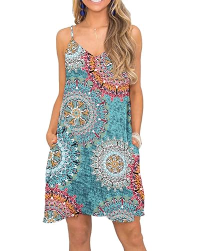 MISFAY Sommerkleid Damen kurzes lässiges Strandkleid V-Ausschnitt SpaghettiTräger Trägerkleid mit Taschen Drucken Grün XXL von MISFAY