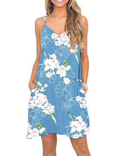MISFAY Damen Strandkleid Sommer Lässig Spaghettiträgerkleid Swing Tank Dress Cover Up mit Taschen Blumen Hell Blau S von MISFAY