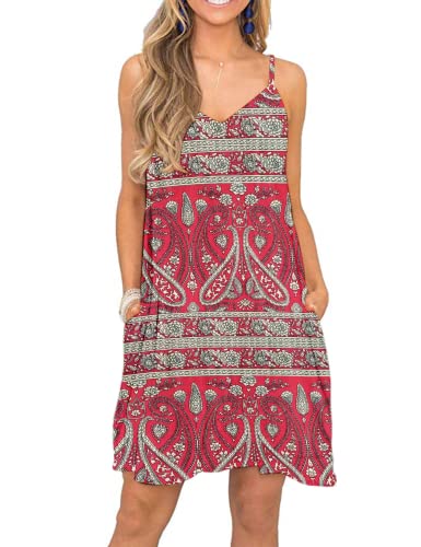 MISFAY Sommerkleid Damen SpaghettiTräger lässiges V-Ausschnitt Trägerkleid mit Taschen Boho Floral Rot M von MISFAY