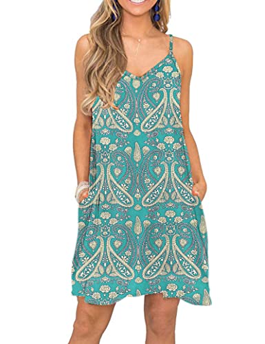 MISFAY Freizeitkleid für Damen Sommer Strandkleid kurzes Kleid V-Ausschnitt Spaghettiträger Minikleid mit Taschen Neu Boho Floral Grün 2XL von MISFAY