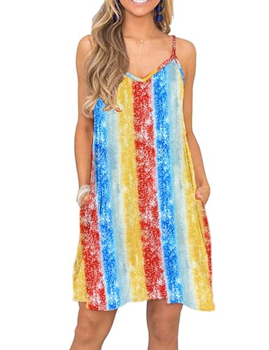 MISFAY Freizeitkleid für Damen Sommer Strandkleid kurzes Kleid V-Ausschnitt Spaghettiträger Minikleid mit Taschen Regenbogen Streifen 2XL von MISFAY