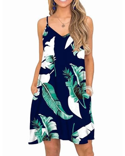 MISFAY Sommerkleid Damen kurzes lässiges Strandkleid V-Ausschnitt SpaghettiTräger Trägerkleid mit Taschen Drucken Blau S von MISFAY