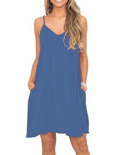 MISFAY Sommer Freizeitkleider für Damen Strandkleid Spaghettiträger Swing Minikleid mit Taschen Beja Blau L von MISFAY