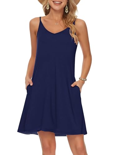 MISFAY Sommer Freizeitkleider für Damen Strandkleid Spaghettiträger Swing Minikleid mit Taschen Navy Blau M von MISFAY