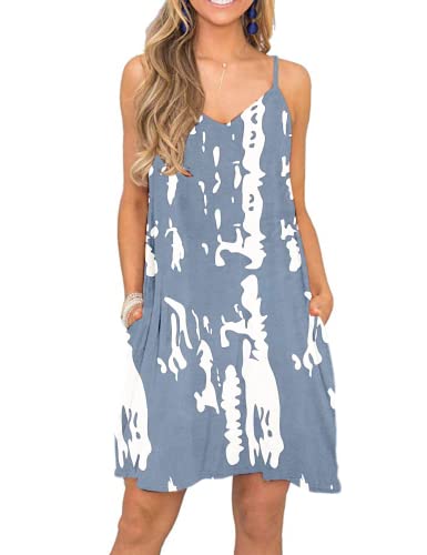 MISFAY Sommer Freizeitkleider für Damen Strandkleid Spaghettiträger Swing Minikleid mit TaschenPrint Grau M von MISFAY