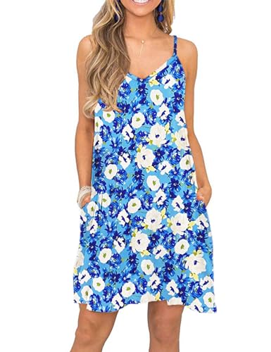 MISFAY Sommerkleid Damen Spaghettiträger Boho Kleid Damen lässiges mit Taschen Blau Weiß Blume XL von MISFAY