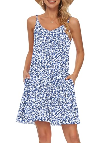 MISFAY Sommerkleid Damen kurzes lässiges Strandkleid V-Ausschnitt SpaghettiTräger Trägerkleid mit Taschen Blaugrüne Blume XXL von MISFAY