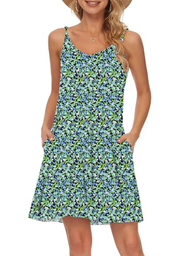 MISFAY Sommerkleid Damen kurzes lässiges Strandkleid V-Ausschnitt SpaghettiTräger Trägerkleid mit Taschen Blume Graublau L von MISFAY