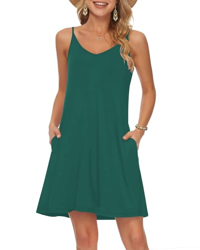 MISFAY Sommerkleid Damen kurzes lässiges Strandkleid V-Ausschnitt SpaghettiTräger Trägerkleid mit Taschen Dunkelgrün XL von MISFAY