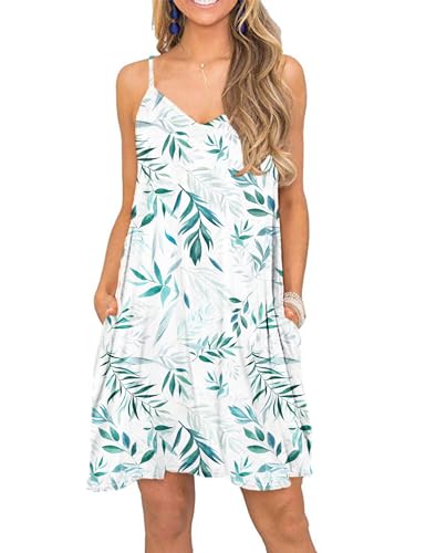 MISFAY Sommerkleid Damen kurzes lässiges Strandkleid V-Ausschnitt SpaghettiTräger Trägerkleid mit Taschen Grüne Weidenblätter L von MISFAY