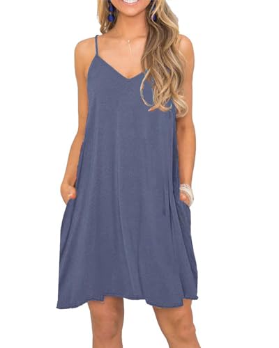 MISFAY Sommerkleid Damen kurzes lässiges Strandkleid V-Ausschnitt SpaghettiTräger Trägerkleid mit Taschen Lila Grau XXL von MISFAY