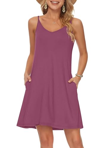 MISFAY Sommerkleid Damen kurzes lässiges Strandkleid V-Ausschnitt SpaghettiTräger Trägerkleid mit Taschen Mauve M von MISFAY