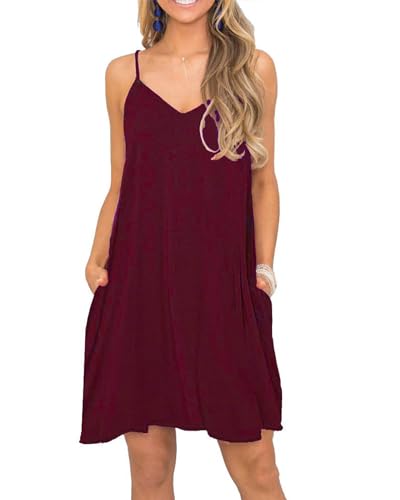 MISFAY Strandkleid für Damen Sommer Lässig V-Ausschnitt Trägerkleid Spaghettiträger Swing Minikleid mit Taschen Weinrot S von MISFAY