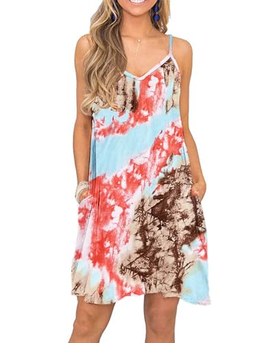 MISFAY Strandkleid für Damen Sommer kurzes Kleid V-Ausschnitt Spaghettiträger Minikleid mit Taschen Gefärbt Blau Rot Braun L von MISFAY