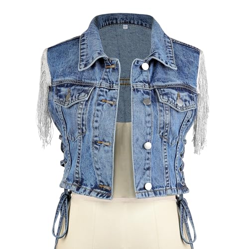 MISS MOLY Damen Ärmellose Jeansweste mit Fransen Beiläufige Denim-Jacke Weste Vest Frühlings-Cardigan-Top (DE/NL/SE/PL, Alphanumerisch, M, Regular, Kurz, Denim Blau) von MISS MOLY