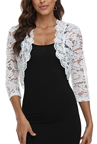 MISS MOLY Bolero Damen Festlich Spitze Jacke Kurz Hochzeit 3/4 Ärmel Strickjacke Oberteil L, Weiß von MISS MOLY