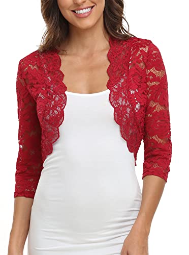 MISS MOLY Bolero Damen Festlich Spitze Jacke Kurz Hochzeit 3/4 Ärmel Strickjacke Oberteil S, Rot von MISS MOLY