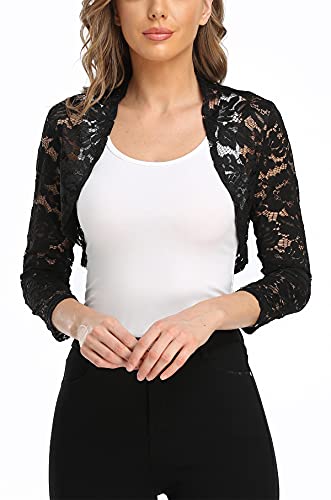 MISS MOLY Bolero Damen Spitzen Jacke Festlich Kurz Cardigan 3/4 Ärmel Strickjacke Für Hochzeit M, Schwarz von MISS MOLY