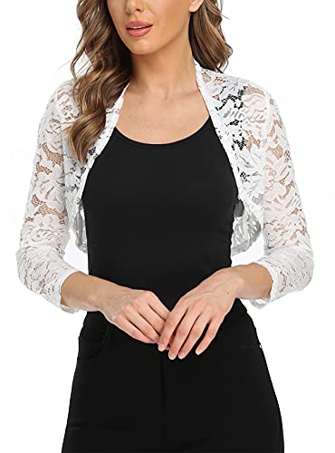 MISS MOLY Bolero Damen Spitzen Jacke Festlich Kurz Cardigan 3/4 Ärmel Strickjacke Für Hochzeit S, Weiß von MISS MOLY