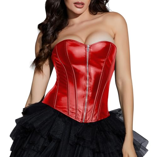 MISS MOLY Corsage|Vollbrust Vintage Kunstleder Korsage Leder-Optik Coolstil Korsett Reißverschluss/Vorderschliesse Corset(Mit G-String) Rot M von MISS MOLY