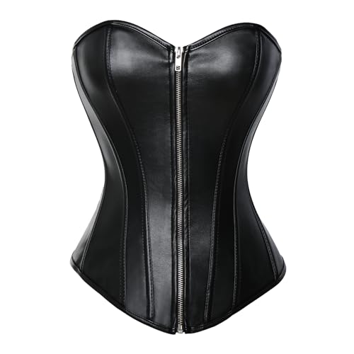 MISS MOLY Corsage|Vollbrust Vintage Kunstleder Korsage Leder-Optik Coolstil Korsett Reißverschluss/Vorderschliesse Corset(Mit G-String) Schwarz 4XL von MISS MOLY