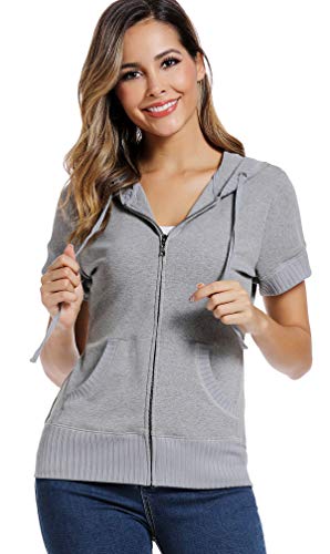 MISS MOLY Damen Kurzarm Kapuzenpullover Sweatjacke Hoodie Sweatshirt mit Reissverschluss Grau Small von MISS MOLY