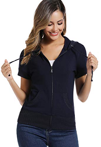 MISS MOLY Damen Kurzarm Kapuzenpullover Sweatjacke Hoodie Sweatshirt mit Reissverschluss Navyblau Large von MISS MOLY