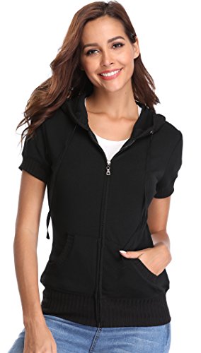 MISS MOLY Damen Kurzarm Kapuzenpullover Sweatjacke Hoodie Sweatshirt mit Reissverschluss Schwarz Small von MISS MOLY