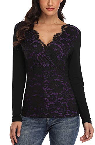 MISS MOLY Damen Langarm Shirt Spitzen Oberteile mit V-Ausschnitt Violett Small von MISS MOLY