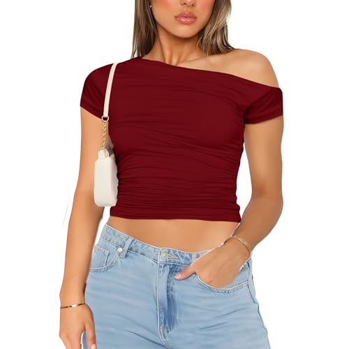 Damen Sexy T-Shirt One Shoulder Sommerparty Oberteil Y2K Crop Top Streetwear von MISS MOLY