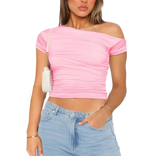 MISS MOLY Damen Basic Skims Dupe Crop Top Kurzarm Off Shoulder Sommer Y2K Silm Fit Tshirts von MISS MOLY