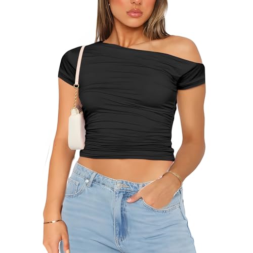 MISS MOLY Damen Sexy Tshirt One Shoulder, Kurzärmliges Sommerparty Oberteil Y2k Crop Top Elegant Schulterfreies Casual Top von MISS MOLY