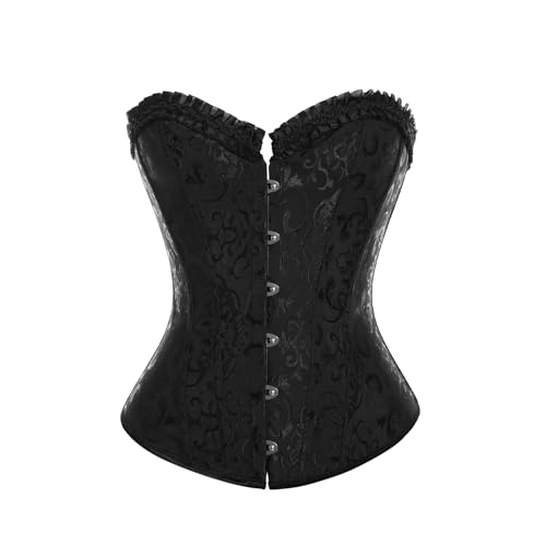 MISS MOLY Damen Corsage Vintage Vollbrust Korsett Klassische Farben Spitze Schleife Design Corset Mit G-Tanga-Druck Reißv. Schwarz L von MISS MOLY