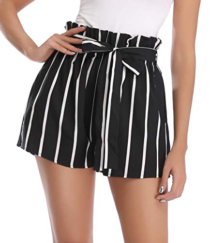 MISS MOLY Womens Shorts Striped Casual Tie Waist High Waisted Elastic Waist Summer Beach Black X-Small von MISS MOLY