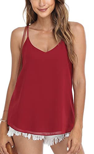 MISS MOLY Top Damen Chiffon Tank Top Sexy V-Ausschnitt Ärmellose T Shirt Blusentop Lässige Trägertop Rot Large von MISS MOLY