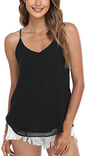 MISS MOLY Top Damen Chiffon Tank Top Sexy V-Ausschnitt Ärmellose T Shirt Blusentop Lässige Trägertop Schwarz XX-Large von MISS MOLY