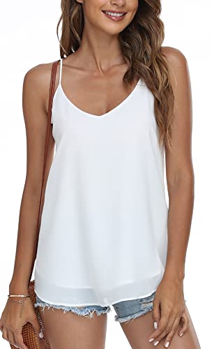 MISS MOLY Top Damen Chiffon Tank Top Sexy V-Ausschnitt Ärmellose T Shirt Blusentop Lässige Trägertop Weiß Medium von MISS MOLY