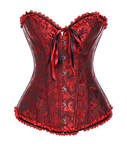 Miss Moly Damen Corsage Vintage Vollbrust Korsett Klassische Farben Spitze Schleife Design Corset Mit G-Tanga- Gr. 2XL/DE 44-46, Dunkelrot von MISS MOLY