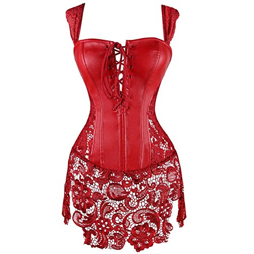 Miss Moly Damen Corsage Vintage Vollbrust Korsett Klassische Farben Spitze Schleife Design Corset Mit G-Tanga- Gr. 2XL/DE 44-46, Rot von MISS MOLY