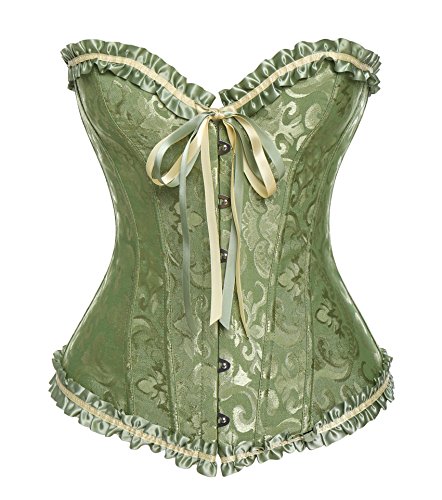 Miss Moly Damen Corsage Vintage Vollbrust Korsett Klassische Farben Spitze Schleife Design Corset Mit G-Tanga- Gr. XL/DE 42-44, Grün von MISS MOLY