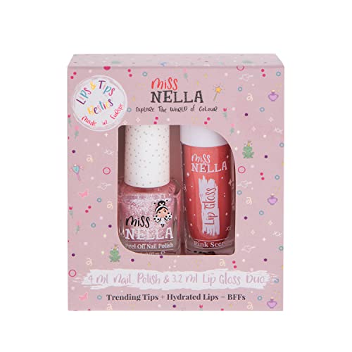 Miss Nella Pink Secret Lips & Tips duo- duftender Lipgloss + glitzernder Nagellack für Kinder mit abziehbarer, wasserbasierter und geruchsfreier Formel von MISS NELLA