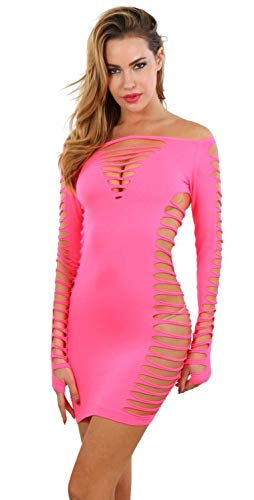 MISS NOIR B6043 Damen Kleid elastisch und flexibel tragbar Einheitsgröße mit Langärmliges Clubwear Partykleid, Rosa (B6043-co), One Size von MISS NOIR
