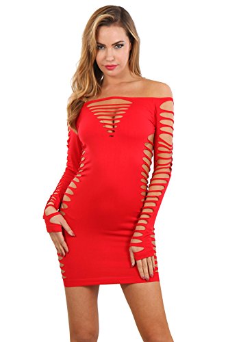 MISS NOIR B6043 Damen Kleid elastisch und flexibel tragbar Einheitsgröße mit Langärmliges Clubwear Partykleid, Rot (B6043-rd), One Size von MISS NOIR