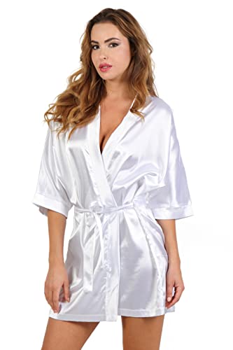 MISS NOIR Damen Bademantel Satin Sexy Kimono Kurz mit Hoher Taillengürtel Nachthemd Braut Nachtwäsche (Weiß (2333S-WH), L-XL) von MISS NOIR