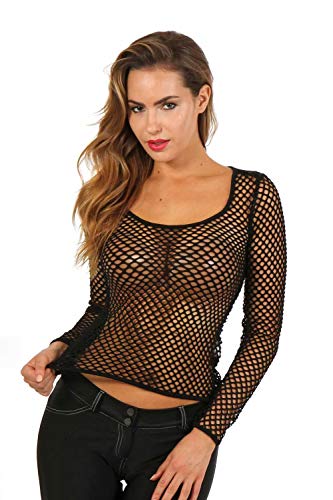 MISS NOIR Damen Fischnetz Bluse Langarmshirt Sexy Top Clubwear (L-XL) von MISS NOIR